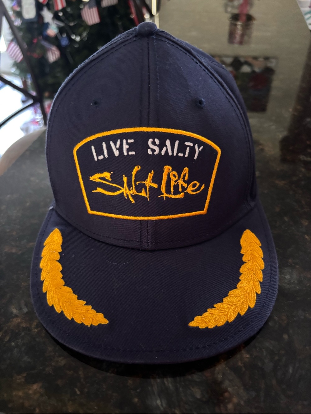 Salt Life Live Salty Captain Hat Navy Gold Embroidered Snapback